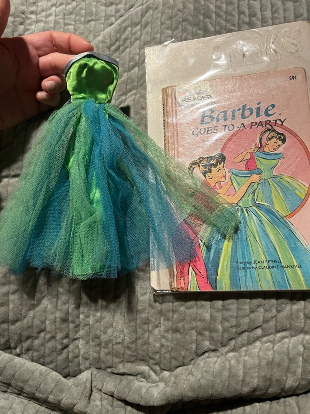 Barbie Green & Teal Tulle Party Dress and book.